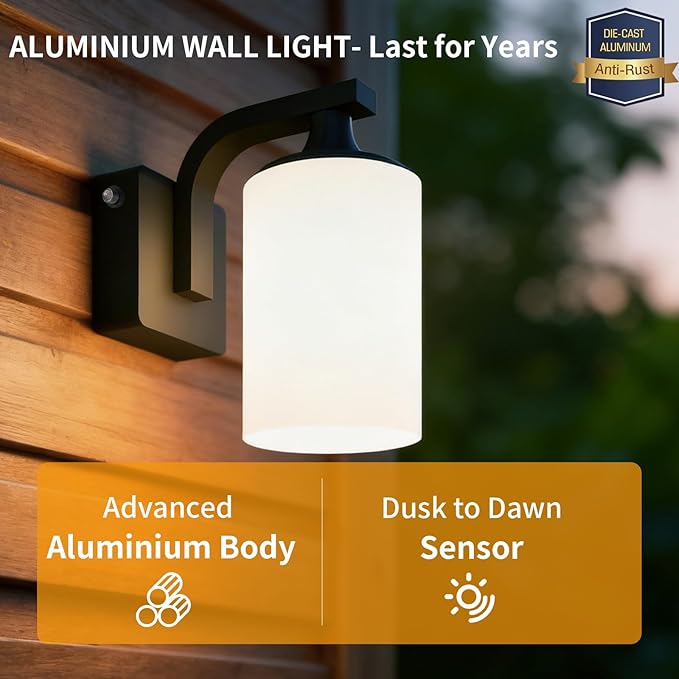 Dusk to Dawn Outdoor Wall Light Sconce Waterproof Aluminum Porch Light Exterior Fixture with Milk Glass Shade for Patio Yard Garden HouseOutside Matte Black