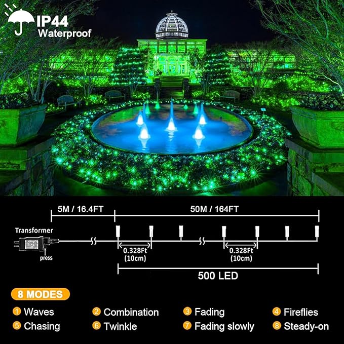 kemooie 500 LED Green St. Patrick's Day Lights 164 FT 8 Lighting Mode with Memory Plug in Waterproof Fairy Lights for Outdoor Birthday Christmas Wedding Party Garden Balcony Decorations (Green)