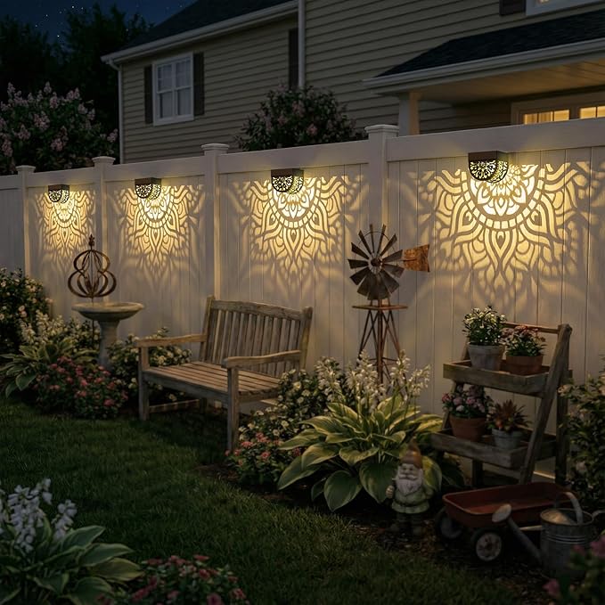 4 Pack Solar Fence Lights Outdoor Wall Lights Plastic Solar Powered Deck Step Stair Lights Mandala Theme Waterproof Fence Solar Light for Garden Post Patio Yard Decor Gardening Gifts for Women Mom