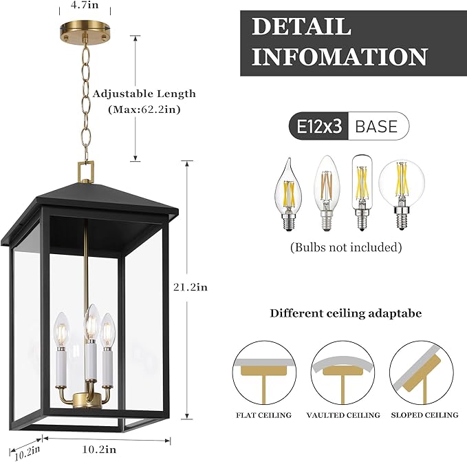 LamQee 21.2'' Large Outdoor Pendant Light Fixtures 3-Light Modern Black Exterior Ceiling Hanging Lantern with Gold and White Candle Outside Chandelier Lighting for Front Porch Entryway Patio Gazebo