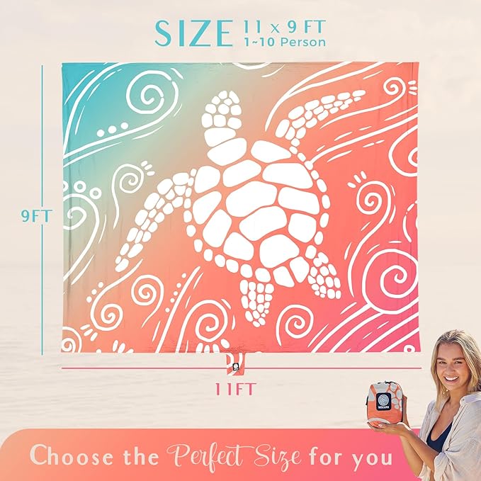 WEKAPO Beach Blanket Waterproof Sandproof Oversized Extra Large Sand Free Beach Mat with Stakes Storage Bag - Essentials for Outdoor Beach Picnic (Sea Turtle 11 X 9 FT (1~10 Person))