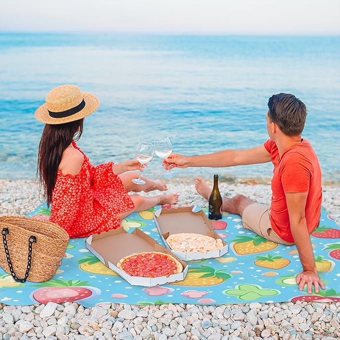 Waterproof Sandproof Beach Blanket 59''×68'' Strawberry Polyester Outdoor Picnic Blanket with 4 Stakes &amp Storage Bag for BeachCampingVacation Blue