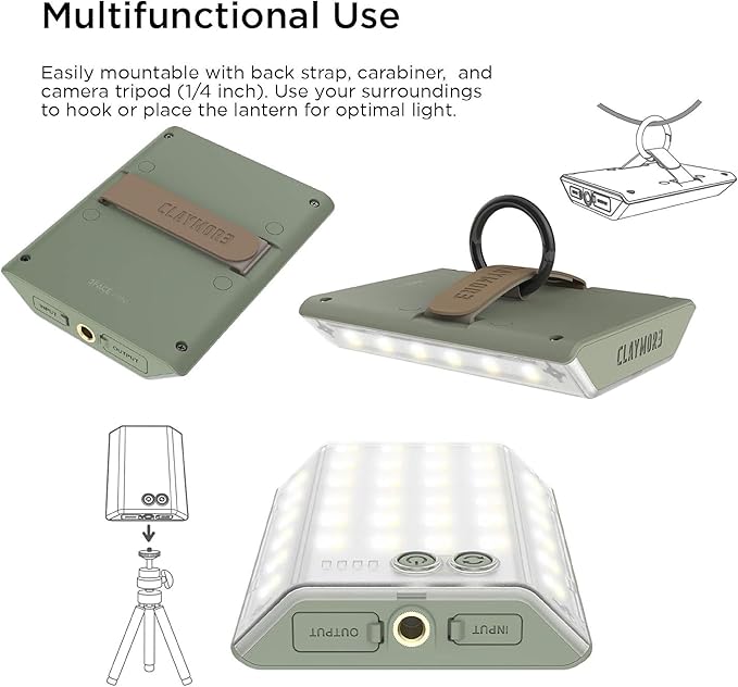CLAYMORE 3Face Mini (Moss Green) - Lightweight and Portable LED Area Light for Outdoors Camping Tent Emergency and Industrial Use. Rechargeable Lantern with USB-C Up to 60 Hours Battery Life.