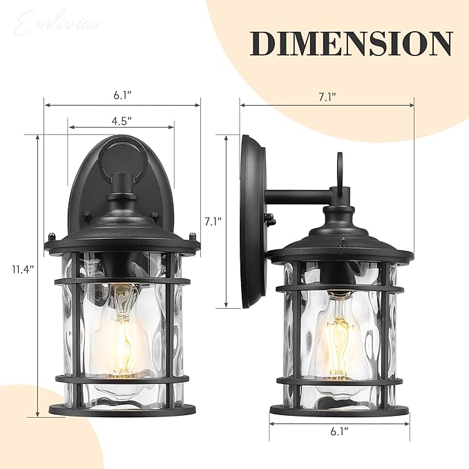Emliviar 2 Pack Exterior Wall Sconce Light Anti-Rust Outdoor Lanterns Wall Lamps Farmhouse Patio Lightings with E26 Socket &amp Water Ripple Glass Black Finish XE229BS-2PK BK-WG