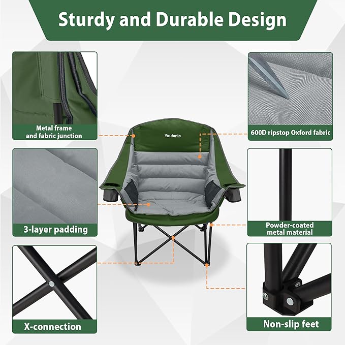 Oversized Camping Chair Portable Folding Camping Chairs with Side Pocket Cup Holder and Carry Bag Heavy Duty Outdoor Camping Chairs for Adults Fishing Sports Trip up to 400lbs Style 7