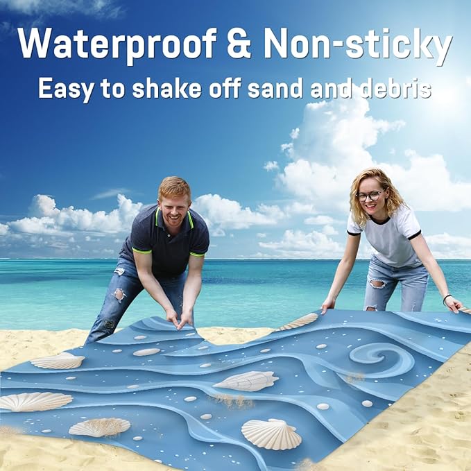 Waterproof Sandproof Beach Blanket 59''×68'' Textured Shell Pattern Polyester Outdoor Picnic Blanket with 4 Stakes &amp Storage Bag for BeachCampingVacation
