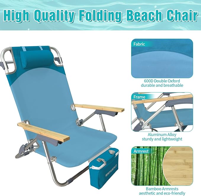 Folding Backpack Beach Chair for Adults &amp Teens Aluminum 5-Position Lay Flat Lounge Chair with Camping Bamboo Table 200LBS Beach Reclining Chair Outdoor with Cooler Bag Cyan