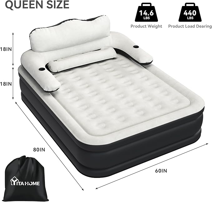 YITAHOME Queen Size Air Mattress with Headboard and Built-in Pump 18in Blow Up Mattress with Carry Bag Repair Kit and Nozzles for Home Camping and Travel