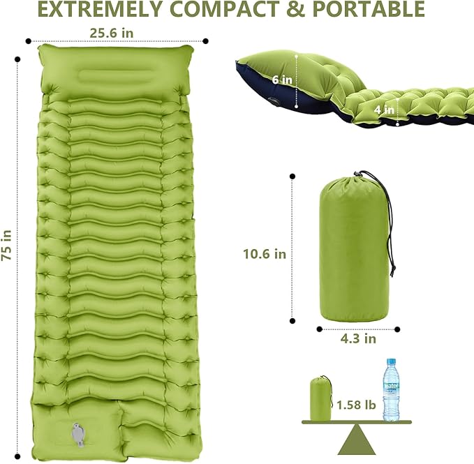 Sleeping Pad Ultralight Camping Mattress with Pillow Built-in Foot Pump Inflatable Sleeping Pad Compact for Camping Backpacking Traveling Hiking Tent SingleGreen