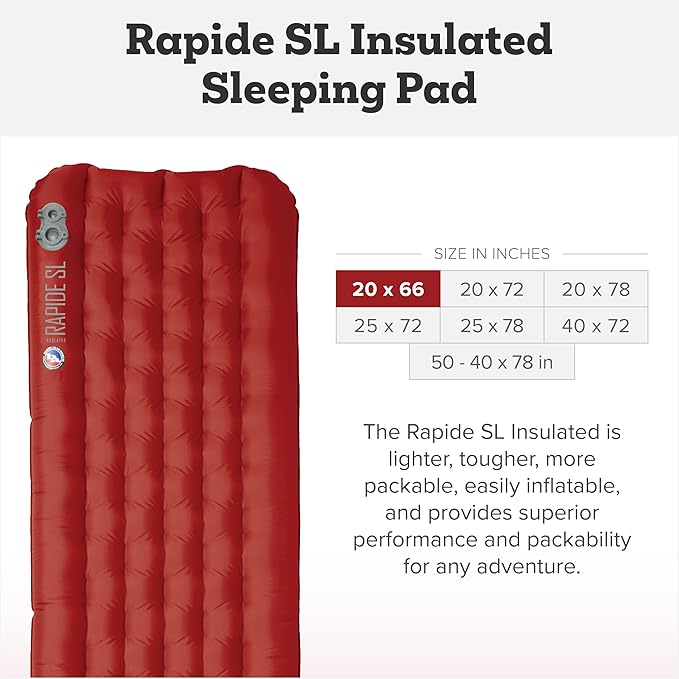 Big Agnes Rapide SL - Insulated Sleeping Pad Ultralight All Season Compact Backpacking and Hiking Pumphouse Sack Included Orange 20x66 Petite