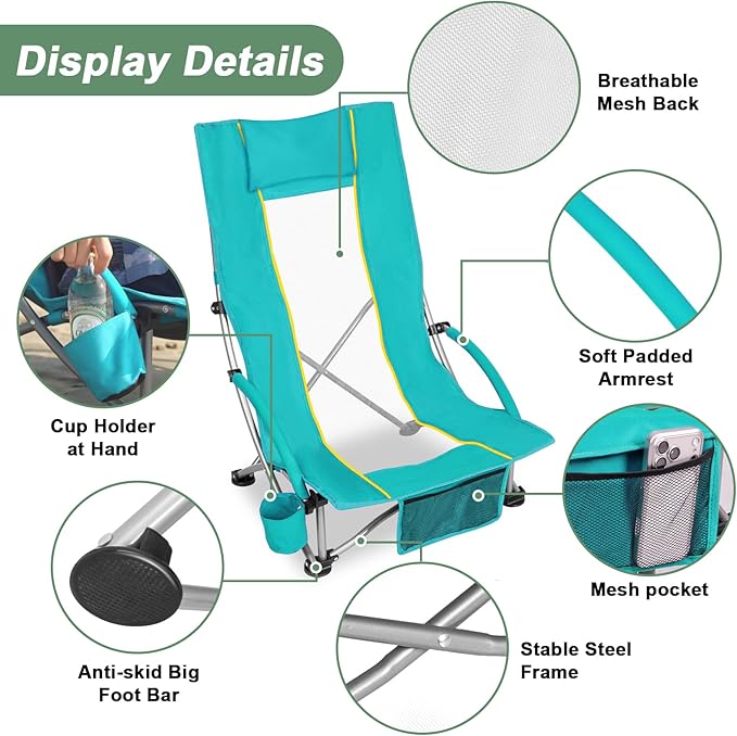 Romswi High Back Beach Chair Compact Lightweight Low Seat Camping Chair Fits in Suitcase 400lbs Heavy Duty Oversized Backpack Chair with Cup Holder &amp Storage Bag Green