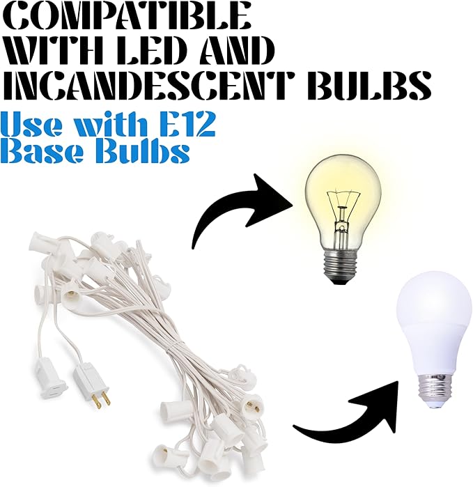 HLO Lighting C7 Light Strings | 50' White Cord with 12 Socket Spacing E12 Light Stringer for C7 Christmas Lights