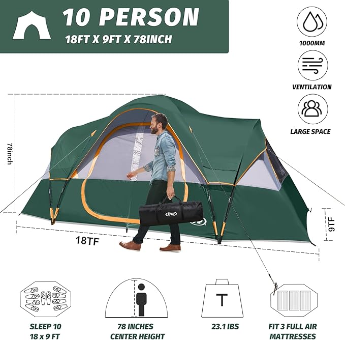 UNP Camping Tent 10-Person-Family Tents Parties Music Festival Tent Big Easy Up 5 Large Mesh Windows Double Layer 2 Room Waterproof Weather Resistant 18ft x 9ft x78in