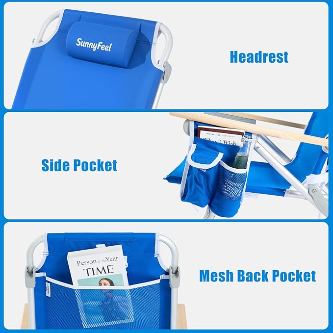 SUNNYFEEL Low Back Folding Beach Chair Aluminum Heavy Duty Beach Chair with 5-Position Portable Camping Chair for Adults with Wood Armrest Lightweight Camping Chair 300lbs Blue