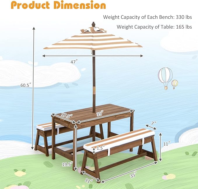 2-in-1 Kids Picnic Table Wooden Kids Outdoor Tables with Removable Umbrella &amp Cushions Fits 4 Children Indoor Outdoor Toddler Picnic Table for Backyard Lawn &amp Patio (Coffee)