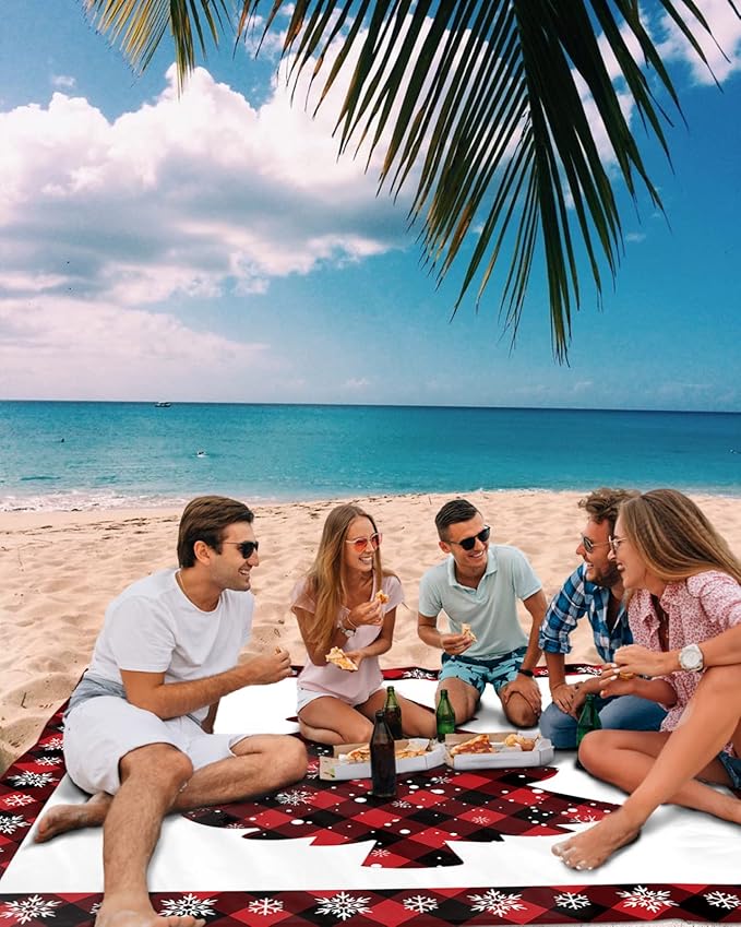 Beach Blanket Waterproof Sandproof OversizedMerry Christmas Red Buffalo Check Tree Beach Mat with Corner Stakes Sand PocketsWinter Snowflake White Back Outdoor Picnic Mat for Travel 95x80In