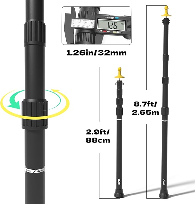 KJE 2 Pack Adjustable Heavy-Duty Tarp Poles Camping Tent Poles Set with Ground Stakes &amp Guylines &amp Yellow Protection Caps Aluminum Telescoping Pole(2.9ft to 8.7ft) for Outdoor Tarp Use