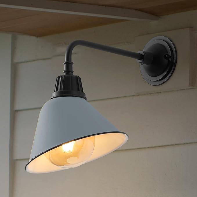 JONATHAN Y 9.63 Matte Silver Blue/Black Farmhouse Outdoor Sconce Industrial LED Wall Light Gooseneck Arm Barn Lamp with Metal Bell Shade for Porch Patio Kitchen LED Bulb Included (JYL7612K)