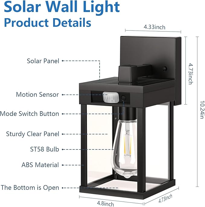 Solar Wall Lights Outdoor Set of 2 Solar Porch Lights with 3 Lighting Modes &amp Motion Sensor Dusk to Dawn Solar Porch Sconces Wall Sconce Lantern Light Fixture Black Wall Lamps for Patio Front