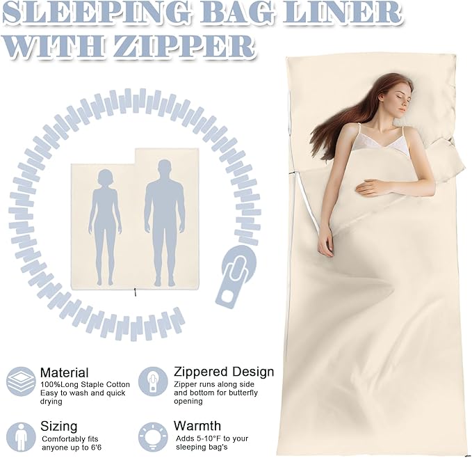 Sleeping Bag LinerLong Staple Cotton Adult Sleep Sack &amp Travel SheetsTravel Sleep Sack for Backpacking Hotels &amp Hostels Lightweight Travel Sheet Camping SheetsHas Full Length Zipper