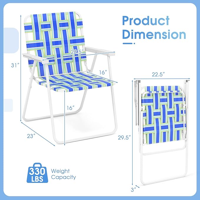 Giantex 4-Pack Beach Chairs for Adults Camping Chair with Steel Frame Lightweight Folding Directors Chairs for Outdoor Webbing Patio Fishing Yard Poolside Lawn Chairs Set of 4 (Blue)