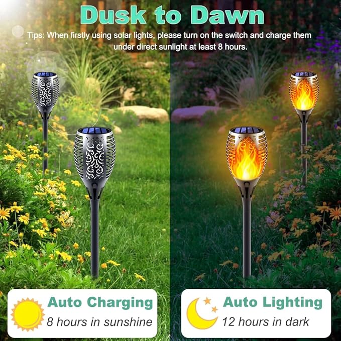 Solar Torch Lights with Flickering Flame Fire Effect Garden Light Auto On/Off Dust to Dawn Outdoor Waterproof Landscape Decoration Powered Security Light for Patio 8 Pack