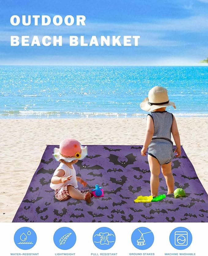 Beach Blanket Waterproof Sandproof Scary Halloween Bat Ombre Quick Drying Beach Mat with 4 Stakes Black and Purple Lightweight Picnic Blanket for Travel Camping Outdoor 83x79