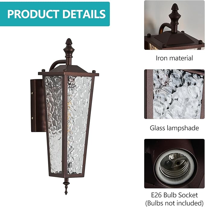 Brown Outdoor Wall Light Fixtures Waterproof Exterior Wall Lantern with E26 Socket &amp Glass Shade 16.7in Porch Sconce Lighting for Garage Patio Front Door Entryway