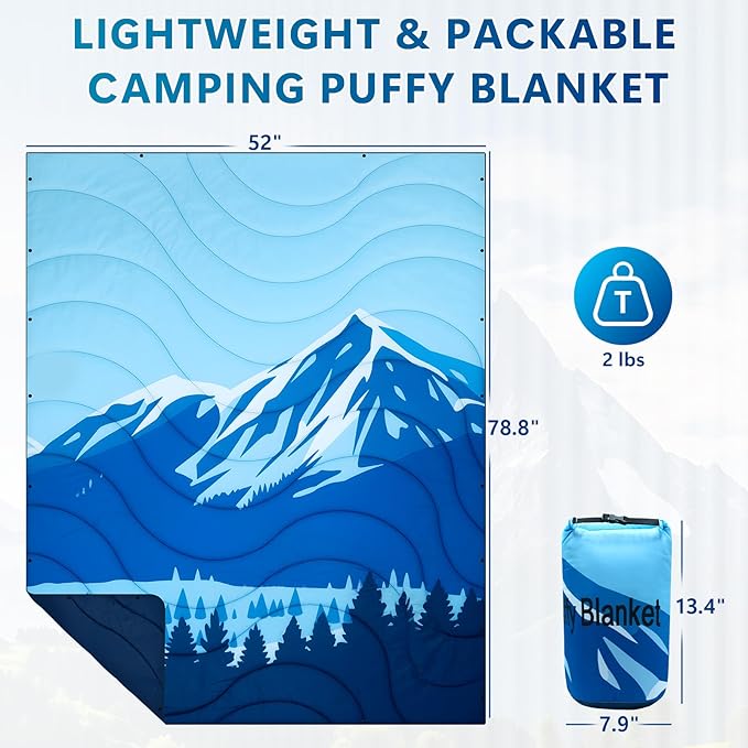 2 Pack Outdoor Camping Blanket Packable Down Alternative Puffy Printed Camp Blankets Ultra Warm Lightweight Hammock Top Quilt Waterproof Blanket for Travel Picnic Stadium Hiking