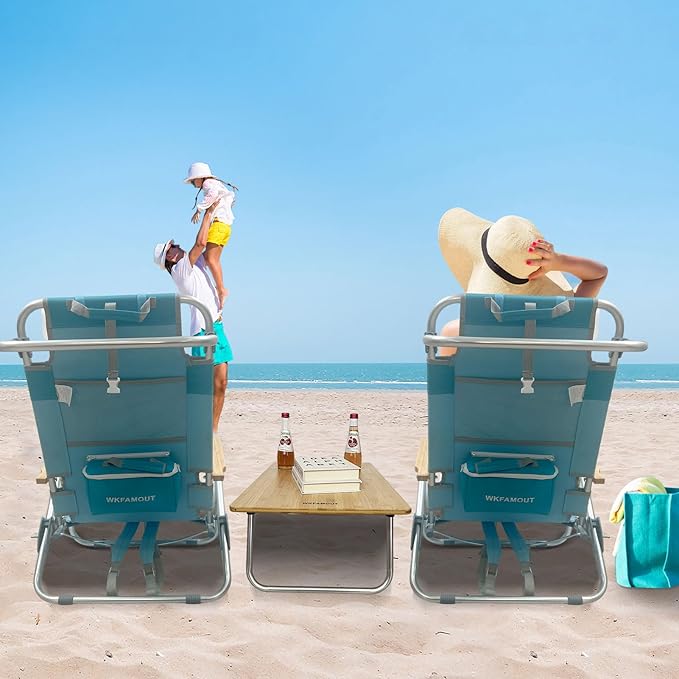 2 Pack Low Backpack Beach Chair with Folding Bamboo Table for Adults 5-Position Lay Flat Reclining Chair Lightweight with Cooler Bag Supports 265 lbs
