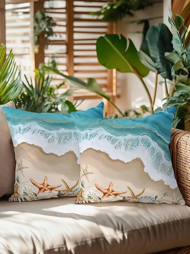 Outdoor Pillows Waterproof Coastal Beach Ocean Bedding Throw Pillows with Insert for Couch Sofa Bed Nautical Starfish Shells Conch 16x16 Inch Pillowcases Camping Patio Pillow Set of 2
