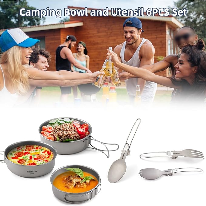 Titanium Camping Bowls and Utensils Set Lightweight Portable Titanium Plates with Folding Handle &amp Forks Spoons Travel Cutlery Dinnerware for Outdoor Camping Backpacking Hiking Picnic