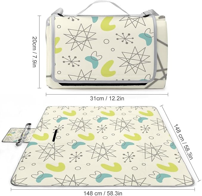 Modern Atomic Stars Retro Colors Stock Illustration Waterproof Outdoor Picnic Blanket Sandproof Beach Mat for Camping Hiking Grass Travelling