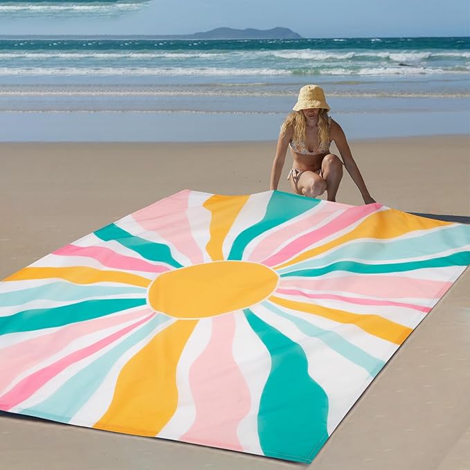 Beach Blanket Waterproof Sandproof Large Picnic Blankets with Stakes and Storage Bag Lightweight Quick Drying Compact Beach Mat Vacation Essentials for Outdoors Camping Trips-Spring Sunshine