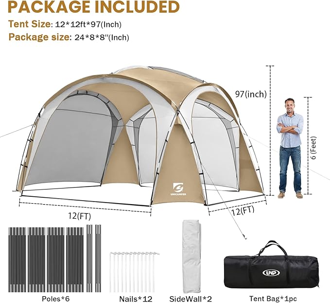 Beach Tent 12 X 12ft Large UPF50+ Pop Up Canopy with 2-Pcs Side Wall Sun Shelter Rainproof Waterproof for Camping Trips Backyard Fun Fishing Parties Or Picnics(Khaki-Upgrade)