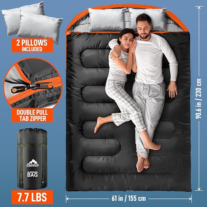 MEREZA Double Sleeping Bag for Adults Mens with Pillow XL Queen Size Two Person Sleeping Bag for All Season Camping Hiking Backpacking 2 Person Sleeping Bags for Cold Weather &amp Warm