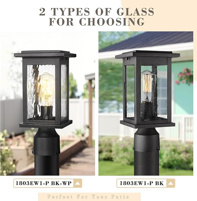 Emliviar 2-Pack Outdoor Pole Lightings Black Pole Lamps with Water Ripple Glass Exterior Colummn Lights for Lawn Porch and Yard 1803EW1-P-2PK-WP