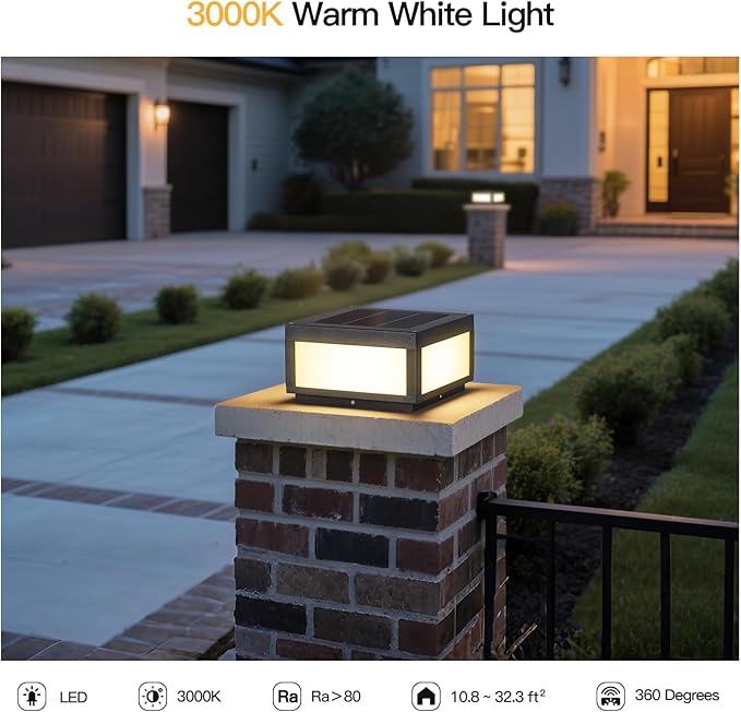 Solar Post Lights Waterproof 11.8 Solar Pillar Lights Outdoor Modern Gate Column Lights Large Square Solar Lantern 3000K LED Entrance Column Lamp for Deck Patio Outside Pool Stone Pillars