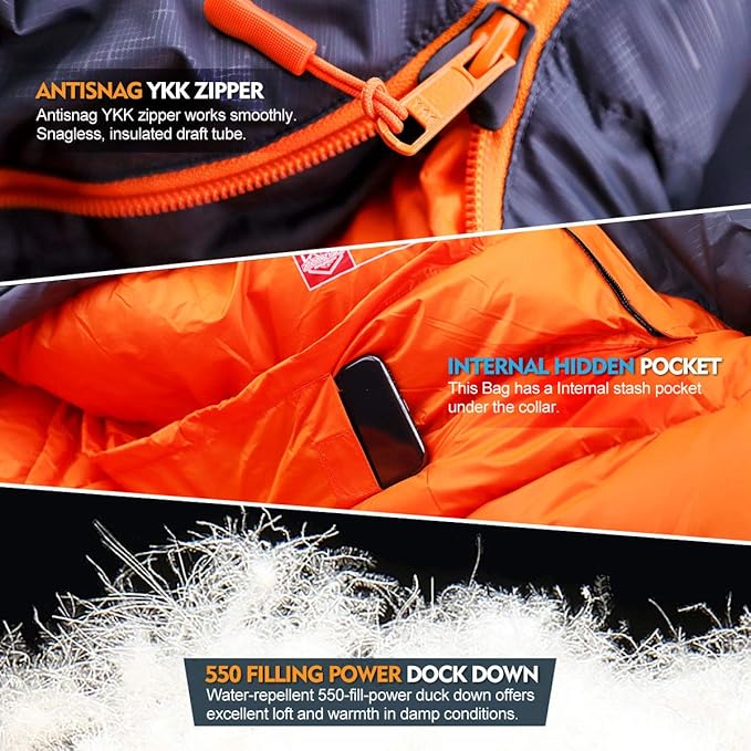 ZOOOBELIVES 10 Degree Down Sleeping Bag for Adults 4-Season Cold-Weather Mummy Bag Roomy Fit 550+ Fill Power Warmth Lightweight &amp Compressible for Car Camping Backpacking &amp Hunting - Alpl