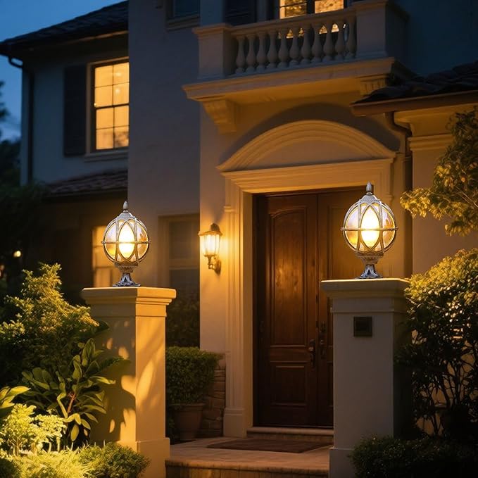 Outdoor Post Light Fixture Retro Amber Glass Ball Pillar Lights Waterproof Exterior Column Lamp Villa Courtyard Garden Park Doorpost Light Landscape Fence Bollard Pedestal Light
