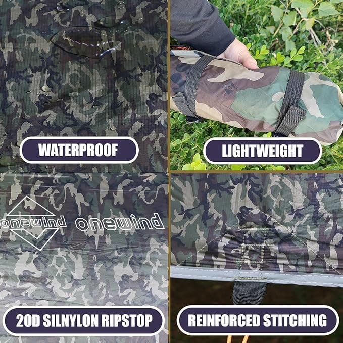 Onewind 12×10 ft Camo Camping Tarp Billow Tarp Shelter Lightweight Waterproof Hammock Rainfly for Stealth Camping Army Military Bushcraft Easy to Setup with Tent Pegs and Guyline Camouflage