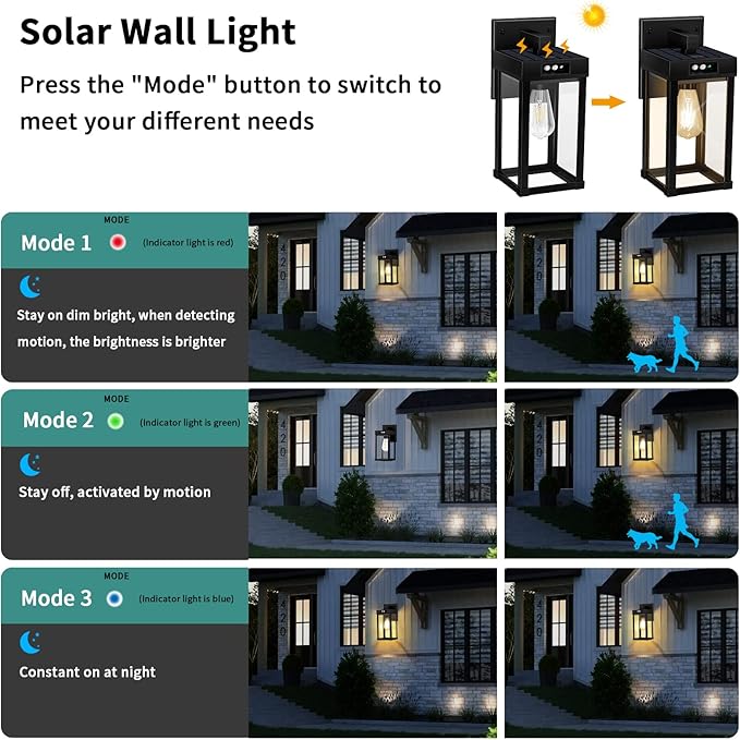 Solar Wall Lights Outdoor Solar Wall Sconce with 3 Lighting Modes &amp Motion Sensor Waterproof Porch Light with Clear Panel for Garage Porch Yard Front Door 5.8 x 5.8 x 13.58 in