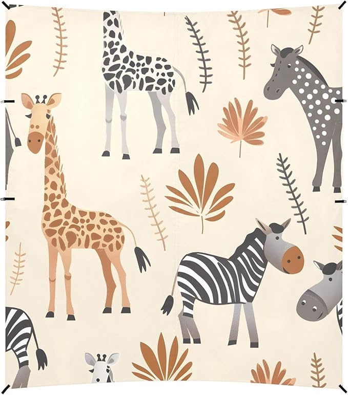 African Animals on A Neutral Beige Camping Sun Shelter Beach Tent Portable Beach Sun Shade Outdoor Canopy for Camping Trips Fishing Picnic