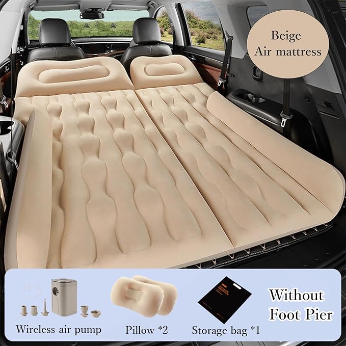 Car Air Mattress for BMW X1 (U11) 2023-2025 Portable Inflatable Bed for Trunk Backseat Flocked Surface for Camping Travel for SUV MPV MinivanBeige-Without Foot Pier