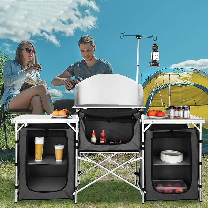 VEVOR Camping Kitchen Table Folding Outdoor Cooking Table with Storage Carrying Bag Aluminum Cook Station 3 Cupboard &amp Detachable Windscreen Quick Set-up for Picnics BBQ RV Traveling Black