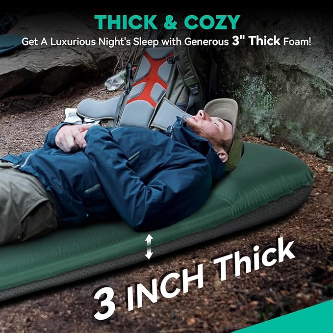 Hikenture Self Inflating Sleeping Pad for Camping 3'' Ultra Thick Camping Pad with Pillow 9.5 R-Value Insulated Camping Mattress 4-Season Inflatable Foam Camping Mat for Car Tent Cot