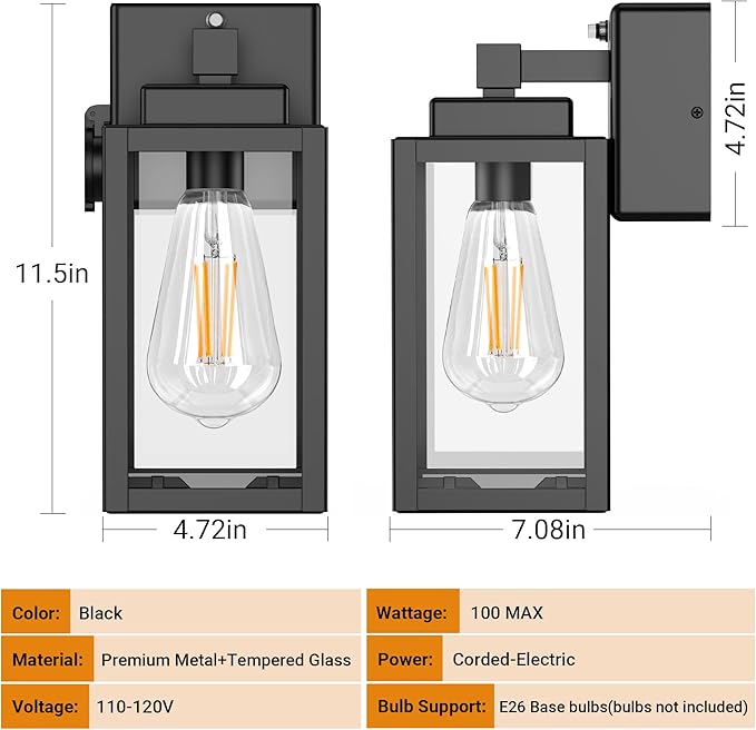 WIHTU Outdoor Wall Light Fixtures Dusk to Dawn Outdoor Wall Sconce with Outlet 2-Pack Porch Sconces Mounted Lighting Porch Lights with E26 Waterproof Wall Lamps for Patio Front Door