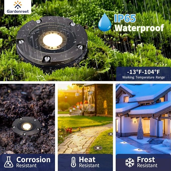Gardenreet Brass Low Voltage In Ground Lights Kit(6 Pack) with MR16 Bulb &amp 100Feet Wire &amp Connectors 12V AC/DC LED Well Lighting for Outdoor Yard Garden Paver Path(Open Top)