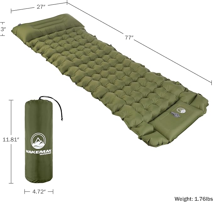 Sleeping Pad for Camping - Inflatable Mat with Built-in Foot Pump - Waterproof Camp Mattress - Camping Gear Must Haves by Wakeman Outdoors (Olive)
