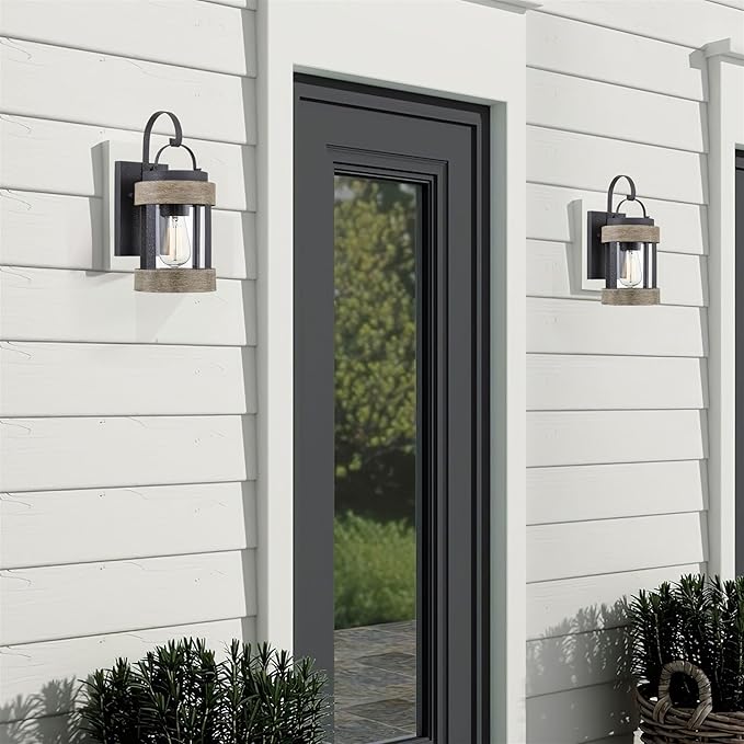 Kira Home Rochester 14 Modern Indoor Outdoor Wall Sconce + Cylinder Glass Shade Weathered Oak Wood Style + Textured Black Finish